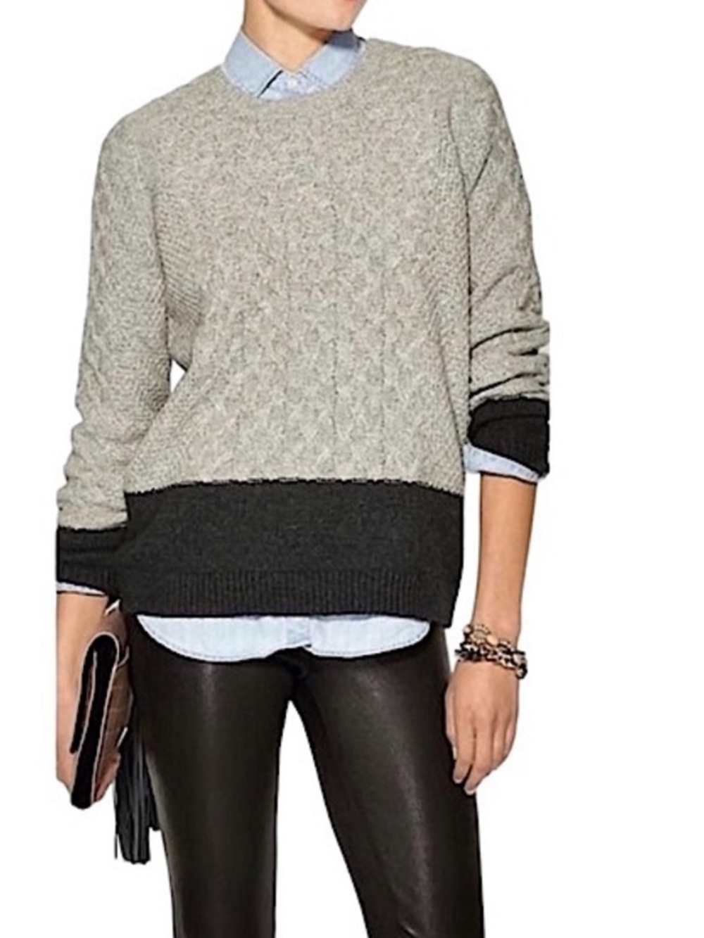 VINCE Wool Colorblock Cable Knit Sweater French Gray Tan Black Luxury Preppy